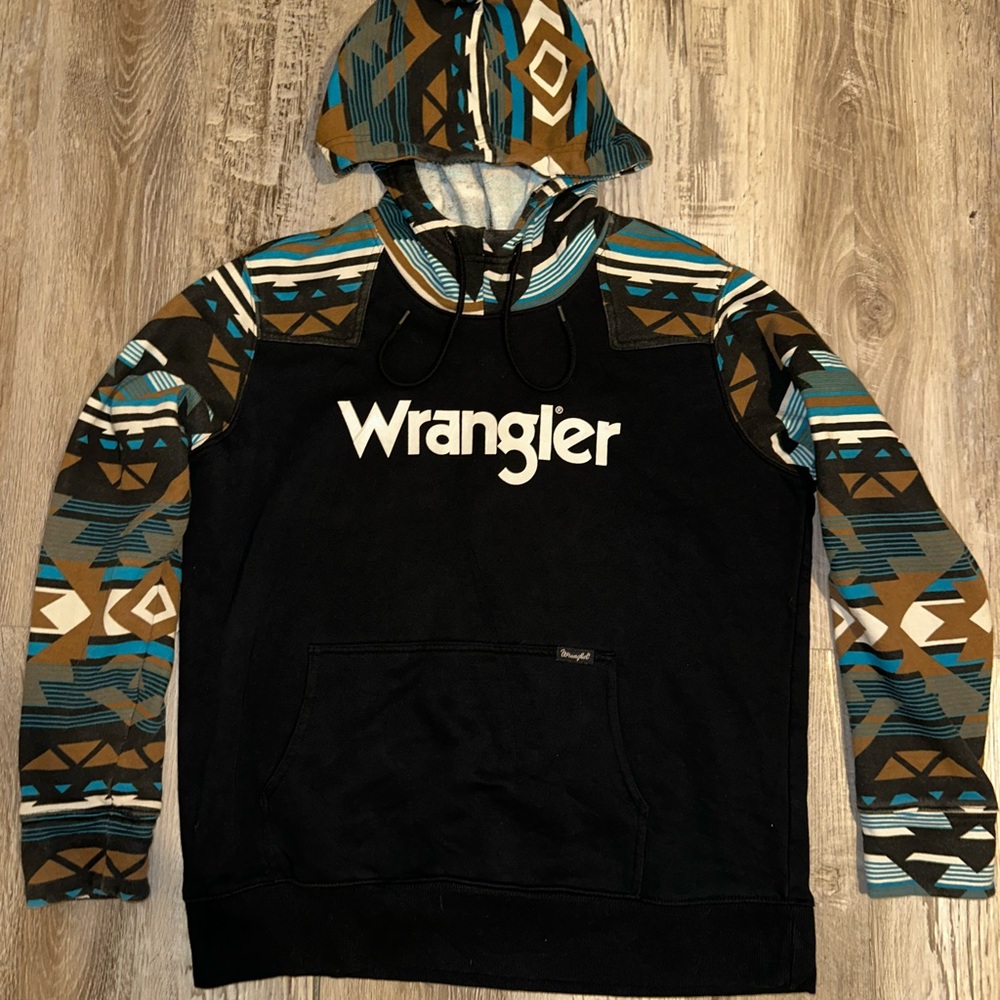 Wrangler Black Pullover Hoodie with Teal and Brown Aztec Sleeves